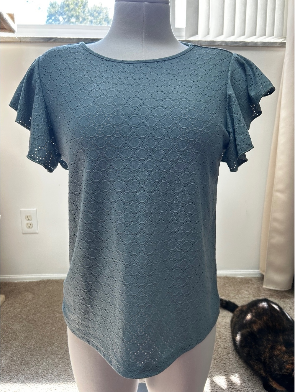 Women's Soft Blue Eyelet Flutter Sleeve Top, Relaxed Fit, Medium Approximate